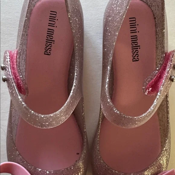MINI MELISSA Girls 12 Glitter Pink Mary Janes w Bow, Peep Toe & Velcro Sandals - Picture 6 of 6